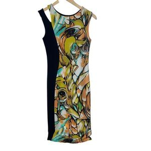 Eva Varro NWT Mod Print Women's Split Shoulder Jersey Sleeveless Midi Dress Sz M